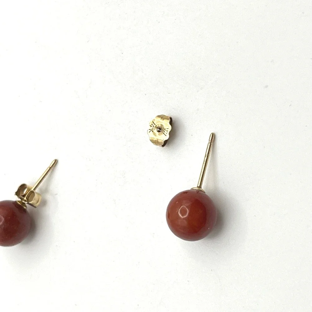 Red Jadeite‎ Jade Bead Stud Earrings 14k Yellow Gold